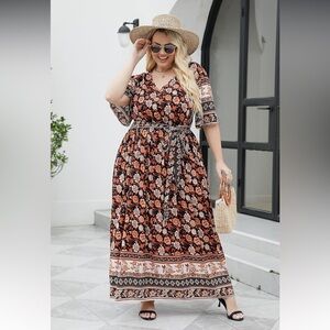 NWT Boho Floral Positioning Print Casual Flared Maxi Dress with Pocket  size 16